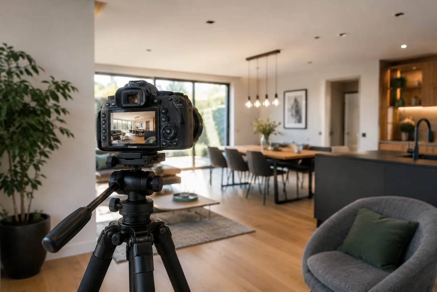 Professionelle Immobilienaufnahme mit Kamera auf Stativ